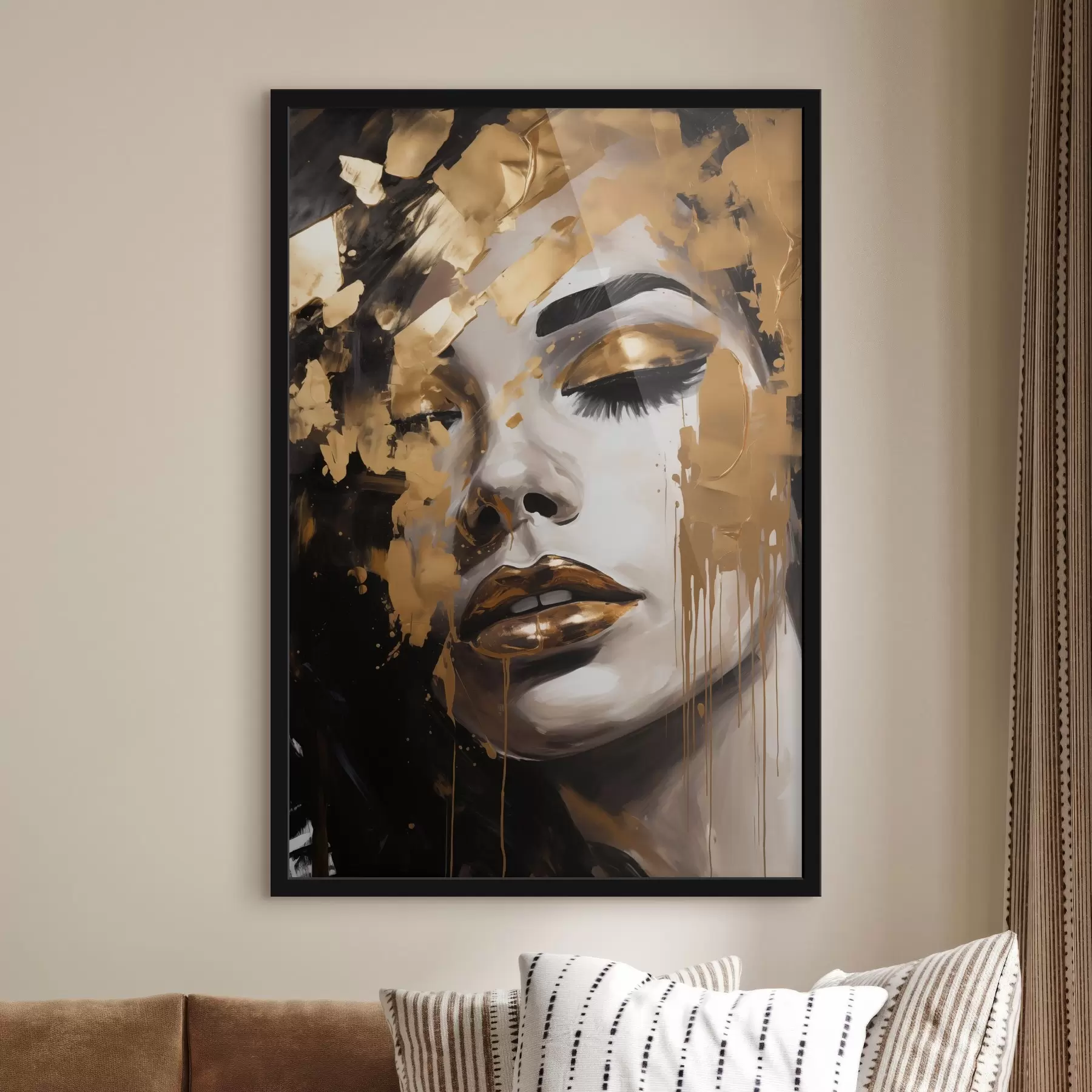 fototapet Un portret abstract al unei femei cu tușe bogate în tonuri calde, creând o imagine vibrantă și dramatică. f42619