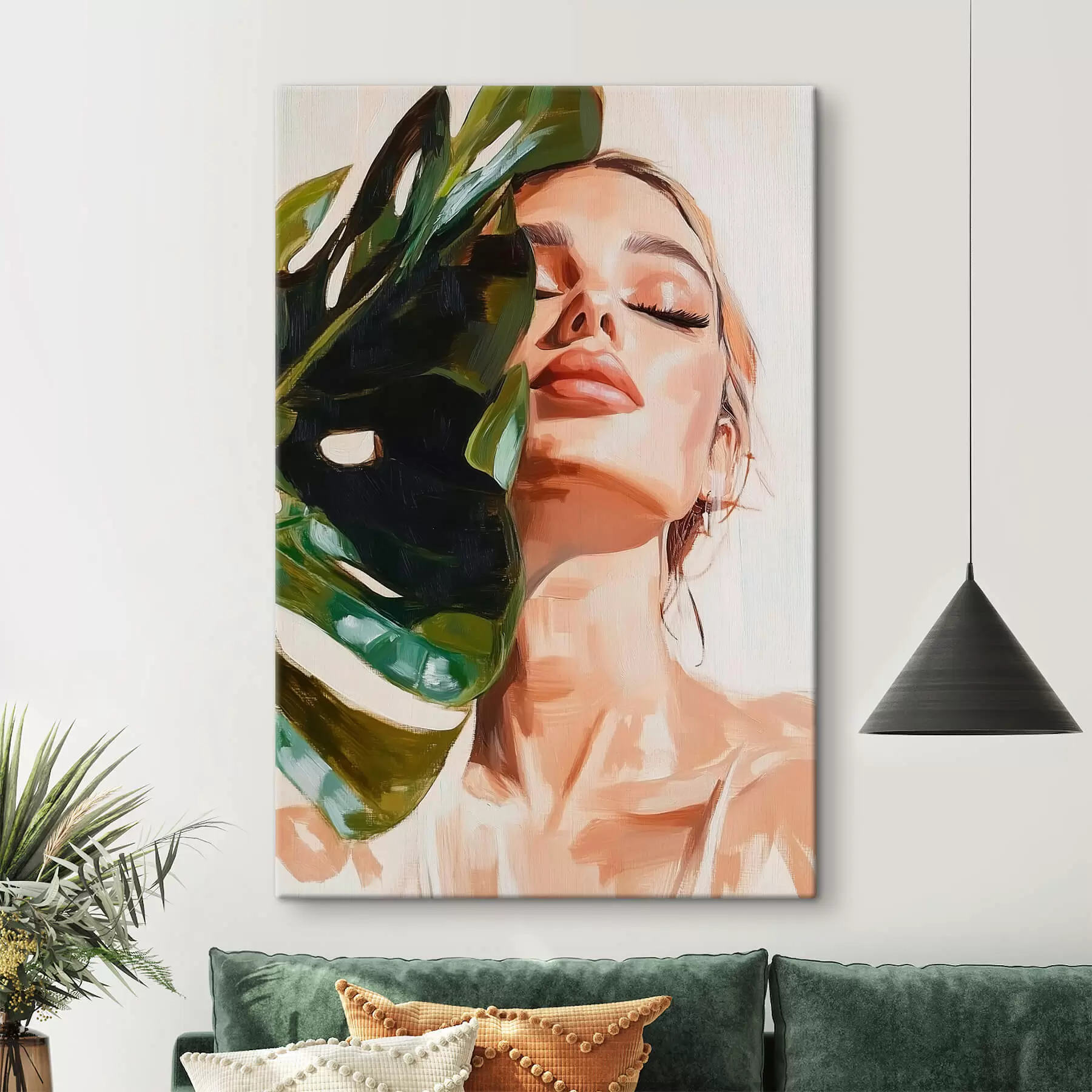 Tablouri Portret de femeie cu o frunză de monstera cu imitație de tușe s42597