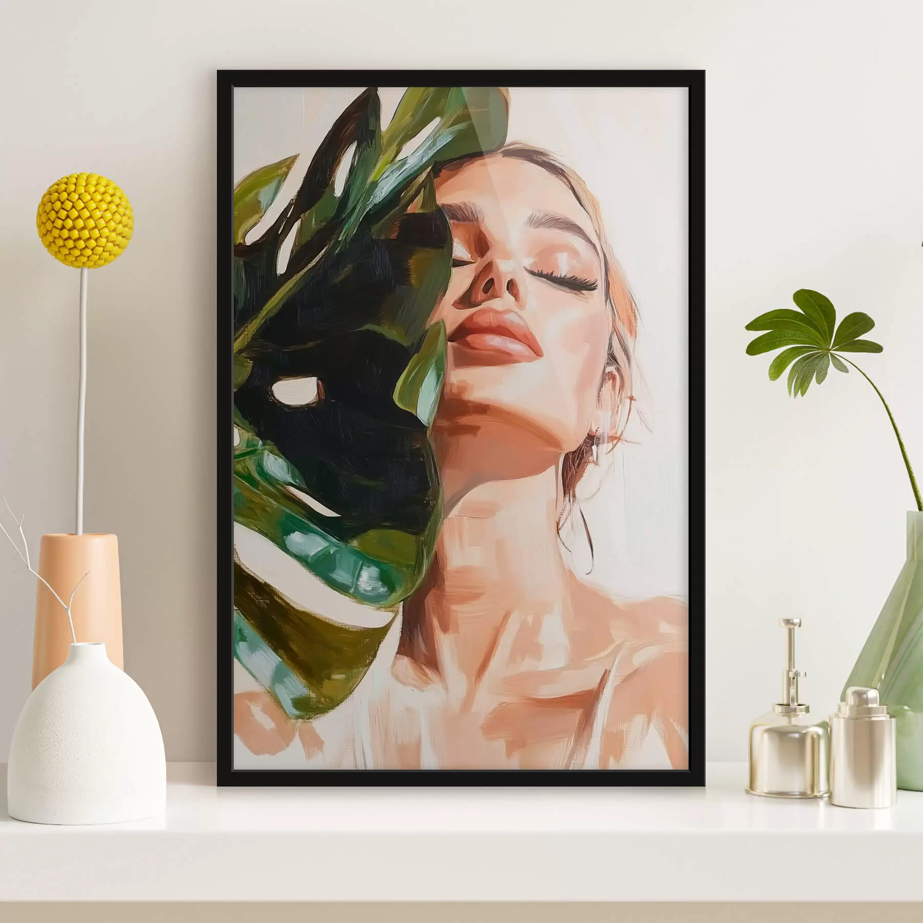 fototapet Portret de femeie cu o frunză de monstera cu imitație de tușe f42597