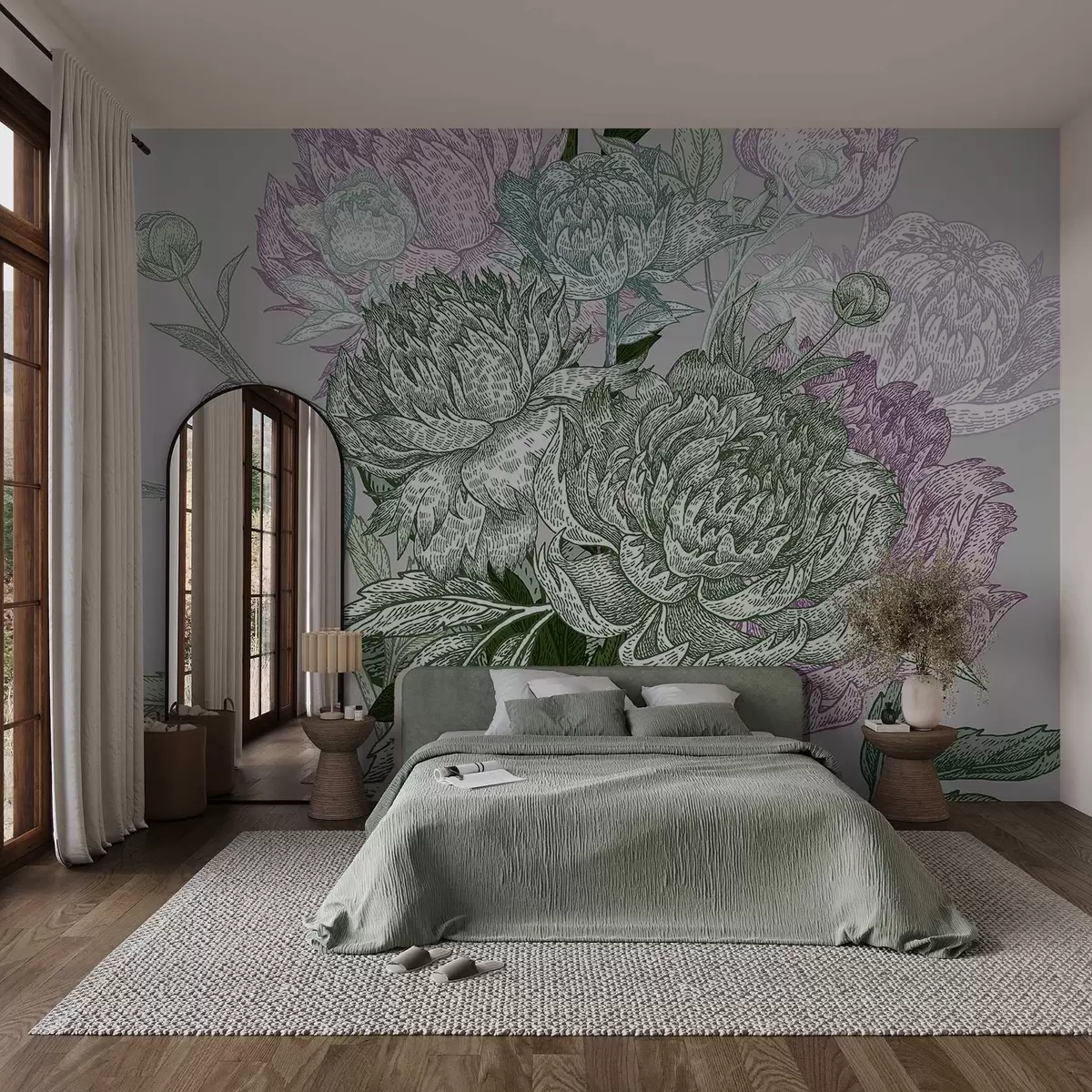 fototapet Un design floral detaliat cu bujori mari și frunze în nuanțe de verde, roz și liliac w08663v1