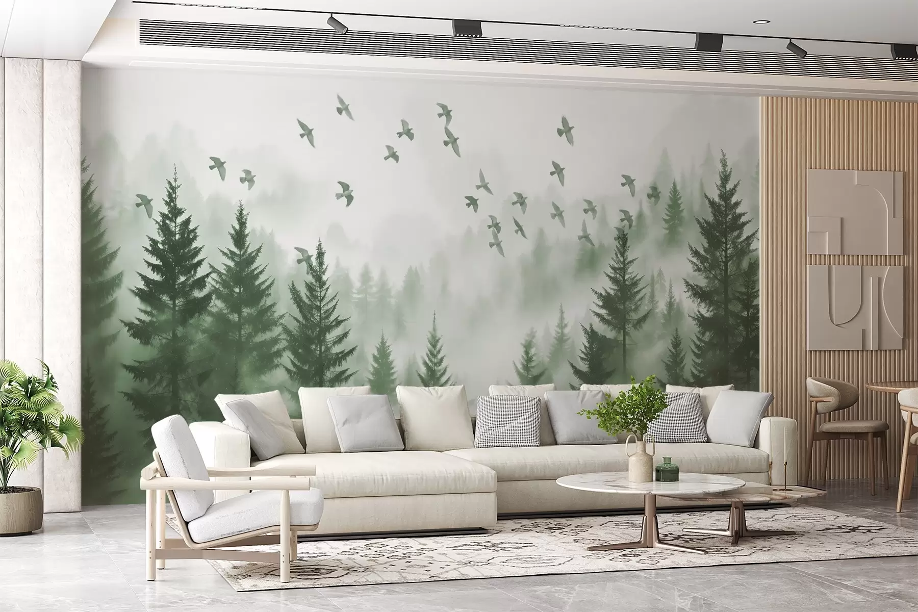 fototapet Pădure liniștită în ceață cu copaci în nuanțe de verde și stol de păsări zboară pe cer  w08664v1