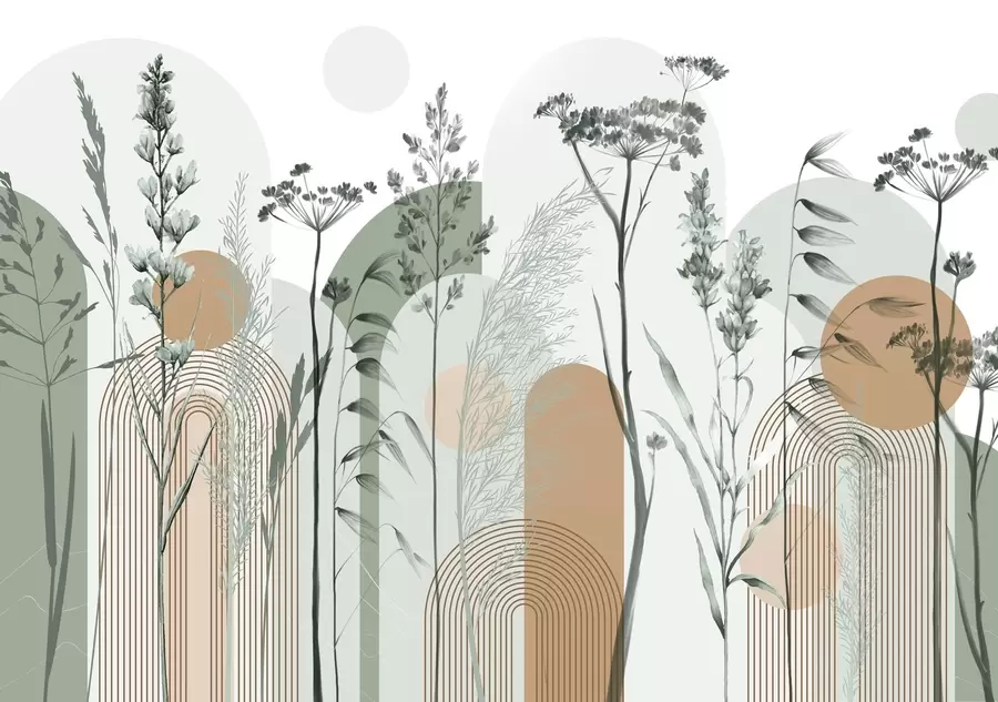 fototapet O colecție de plante și flori în tonuri neutre pe un fundal abstract de arc în nuanțe de verde și portocaliu moale w08665v1