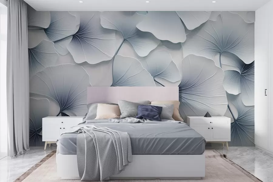 fototapet Frunze de ginkgo albastru deschis cu gradiente moi și vene delicate, suprapuse unele peste altele  w08666