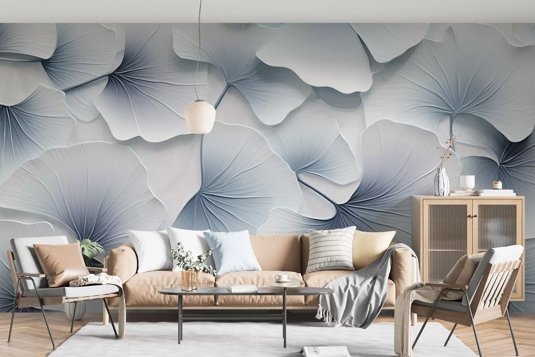 fototapet Frunze de ginkgo albastru deschis cu gradiente moi și vene delicate, suprapuse unele peste altele  w08666