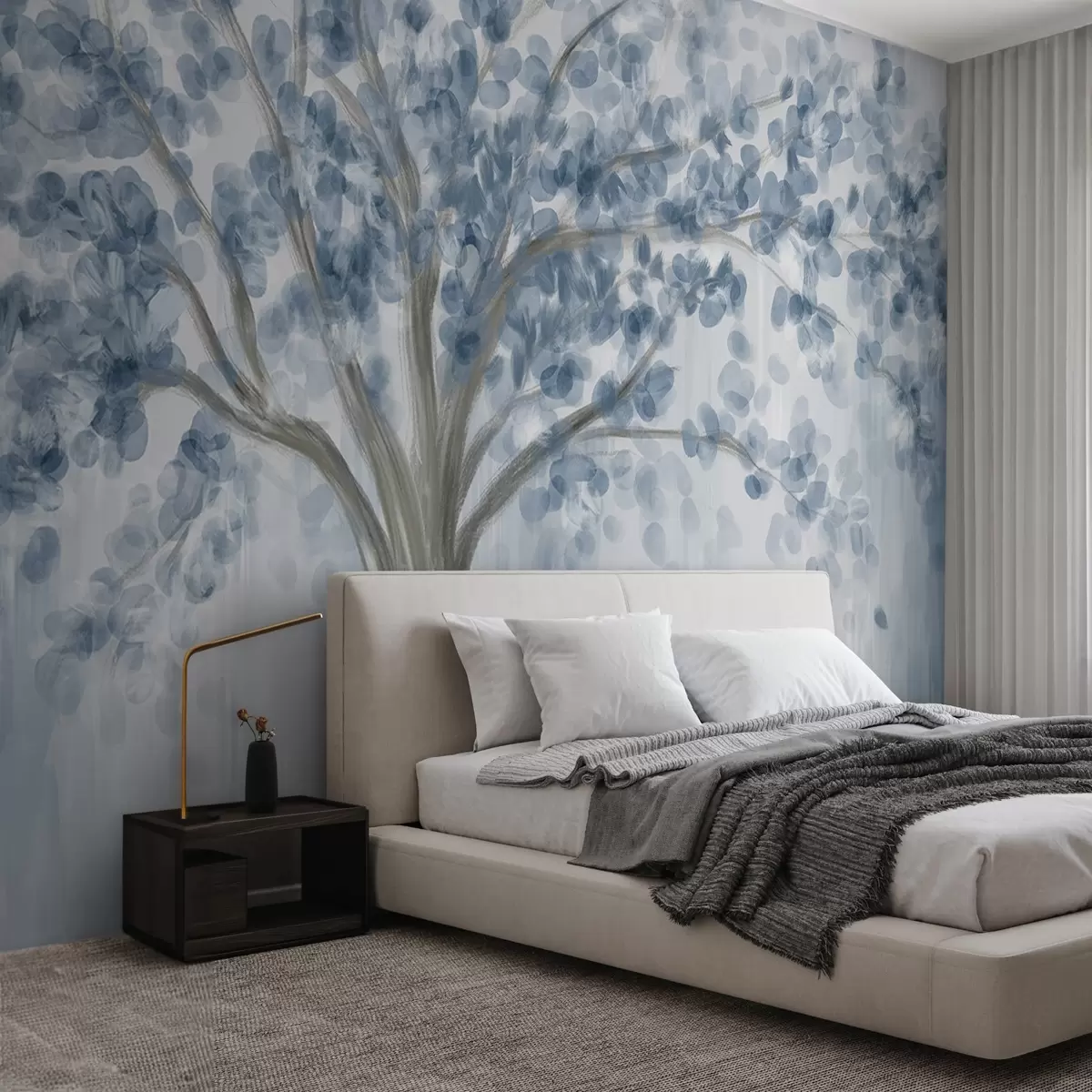 fototapet Un copac mare cu frunze moi, abstracte, în albastru, pe un fundal ușor, neutru, care accentuează tonurile copacului  w08669v1
