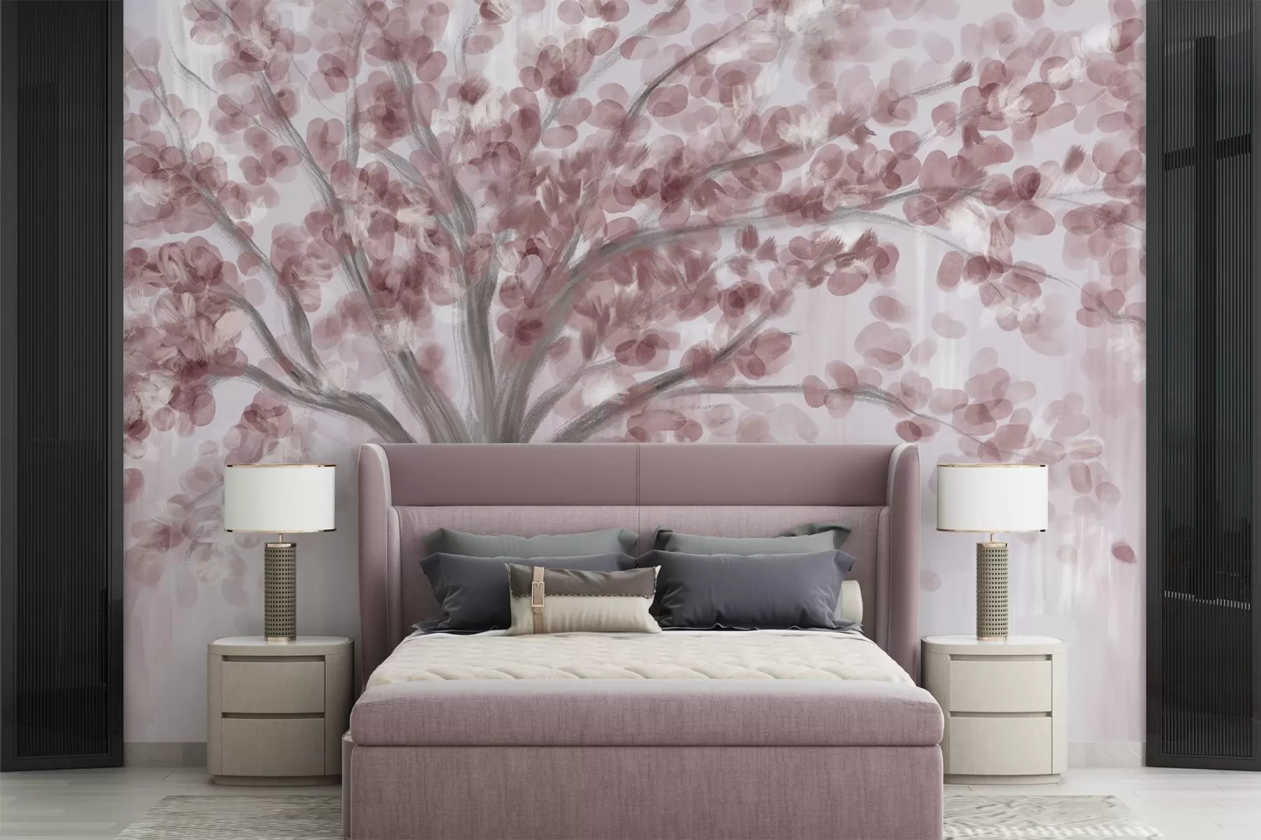 fototapet Un copac mare cu frunze moi, abstracte, roz, pe un fundal ușor, neutru, care accentuează tonurile copacului  w08669v2