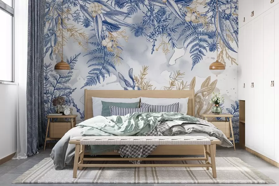 fototapet O imprimare florală cu elemente botanice albastre și galbene, pe un fundal ușor, moale, cu efecte de acuarelă  w08671