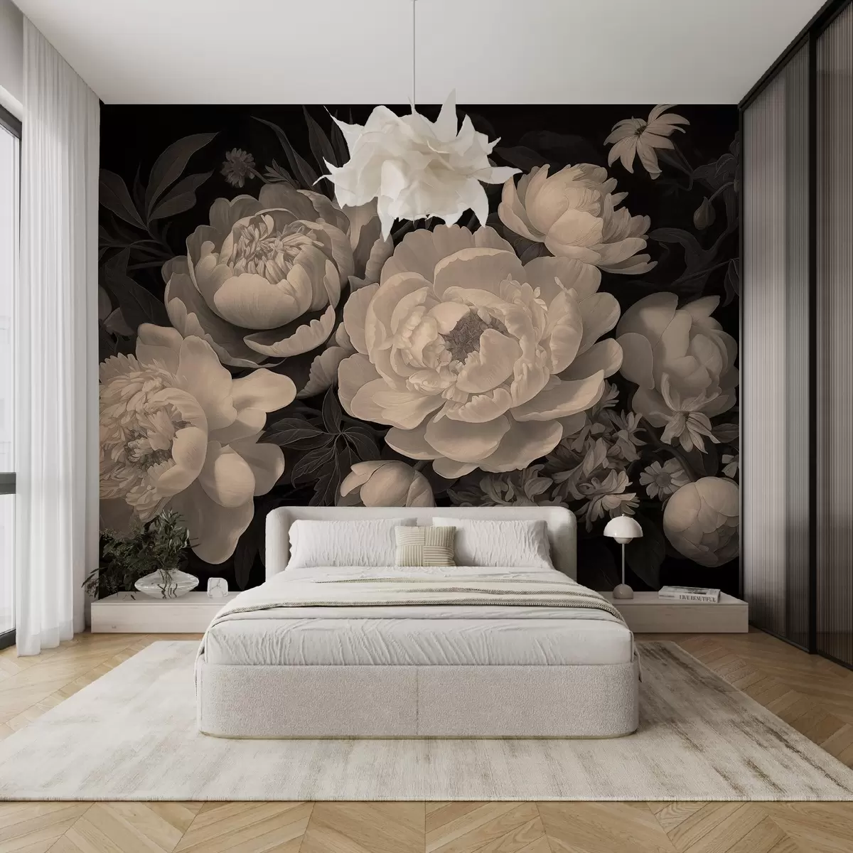 fototapet Buchet elegant de bujori și flori în nuanțe sepia pe un fundal întunecat w08689v1