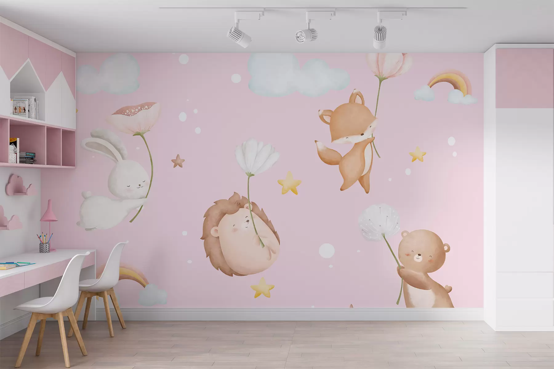 fototapet Animale cu flori pe un fundal roz w02897