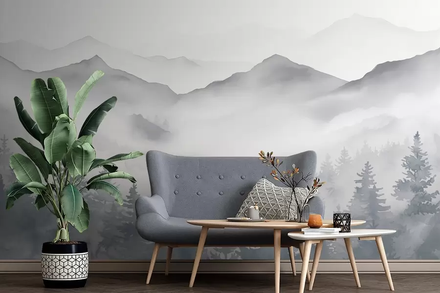 fototapet Peisaj montan senin cu păduri cețoase în tonuri moi de gri și albastru w08680