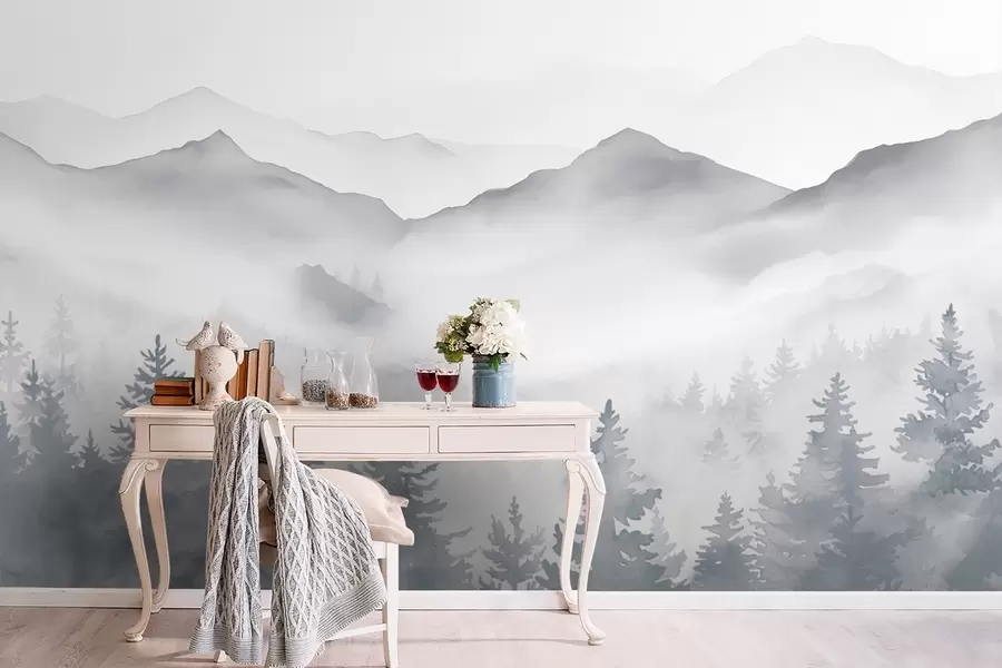 fototapet Peisaj montan senin cu păduri cețoase în tonuri moi de gri și albastru w08680