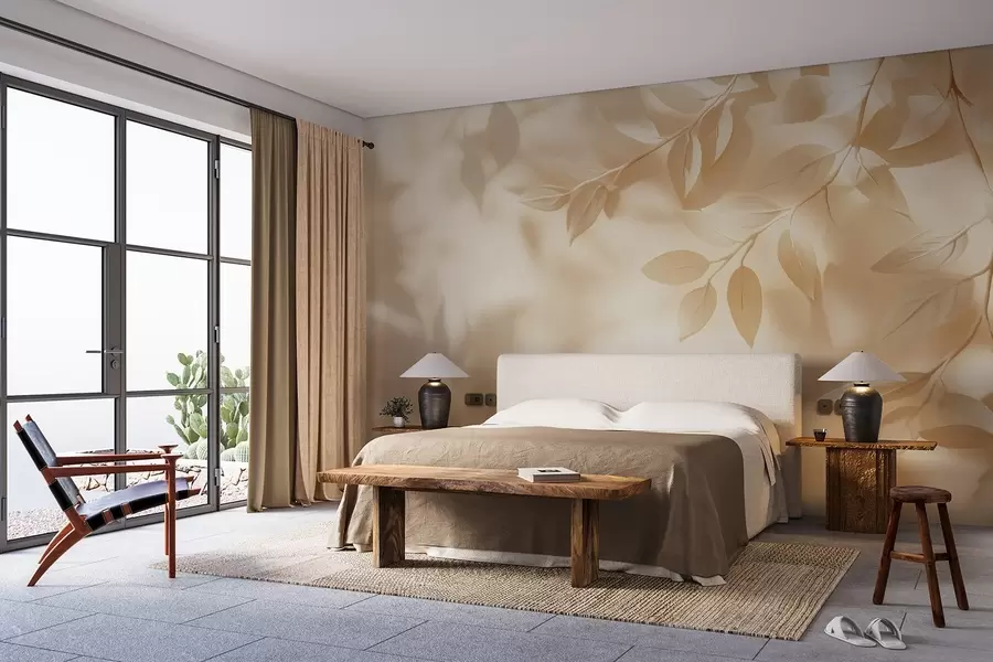 fototapet Ramuri de copac galben pe un fundal de perete bej w08682