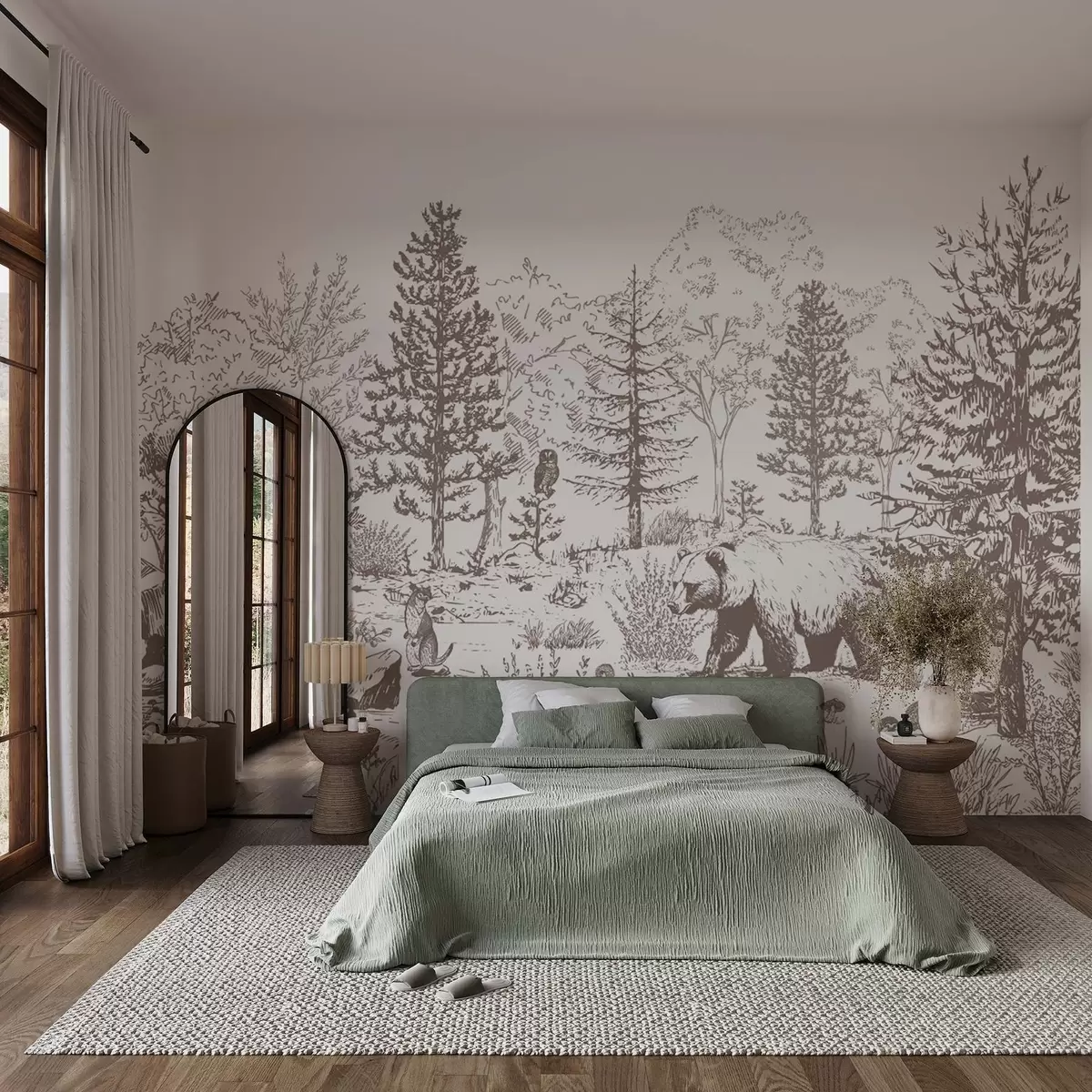 fototapet Viața pădurii, copaci, animale sălbatice, urs, vulpe, bufniță, tufișuri, desen în stil creion, culori bej w02929