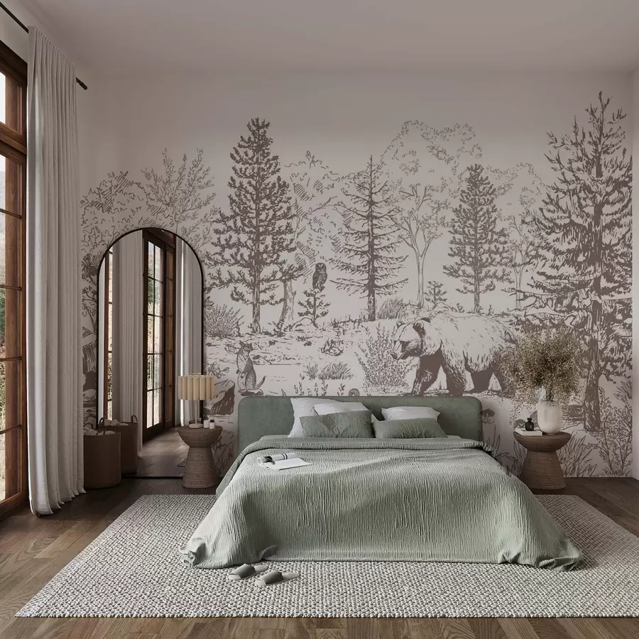 fototapet Viața pădurii, copaci, animale sălbatice, urs, vulpe, bufniță, tufișuri, desen în stil creion, culori bej w02929