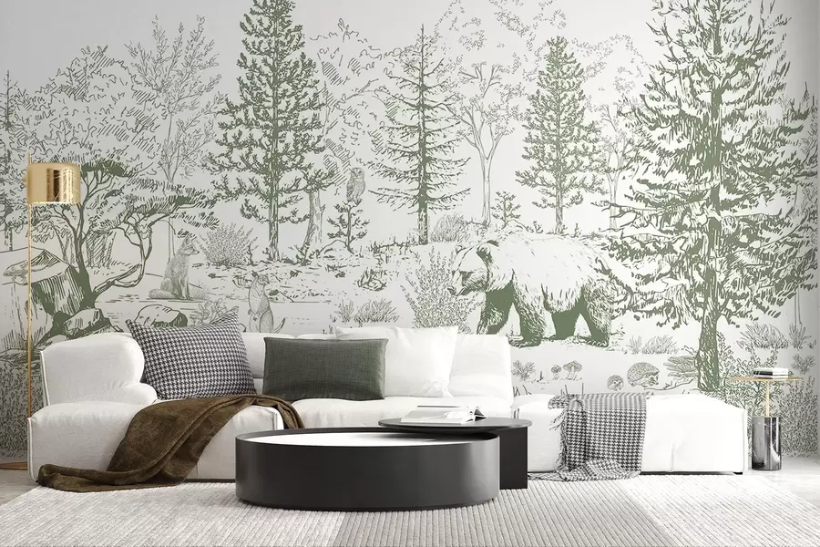 fototapet Viața pădurii, copaci, animale sălbatice, urs, vulpe, bufniță, tufișuri, desen în stil creion, culori verzi w02929v2