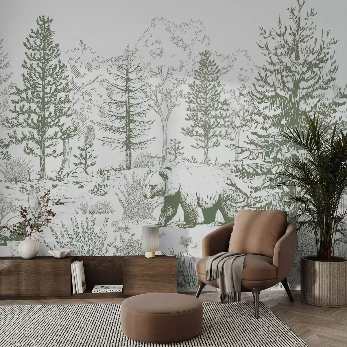 fototapet Viața pădurii, copaci, animale sălbatice, urs, vulpe, bufniță, tufișuri, desen în stil creion, culori verzi w02929v2