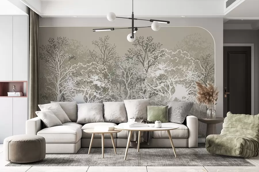 fototapet Copaci în pădure, minimalism, natură, paletă de culori verzi  w02930v1