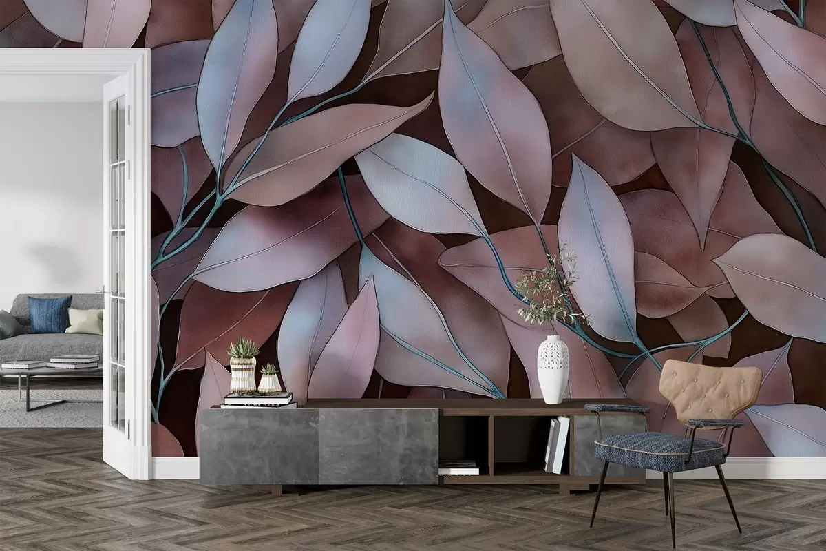 fototapet Frunze de eucalipt, desen în stil acuarelă, model floral, culori maro w02931v1