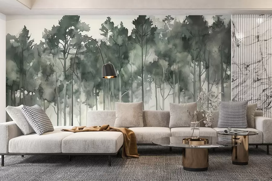 fototapet Pădure în stil acuarelă, copaci de pin, peisaj natural, culori verzi w02937