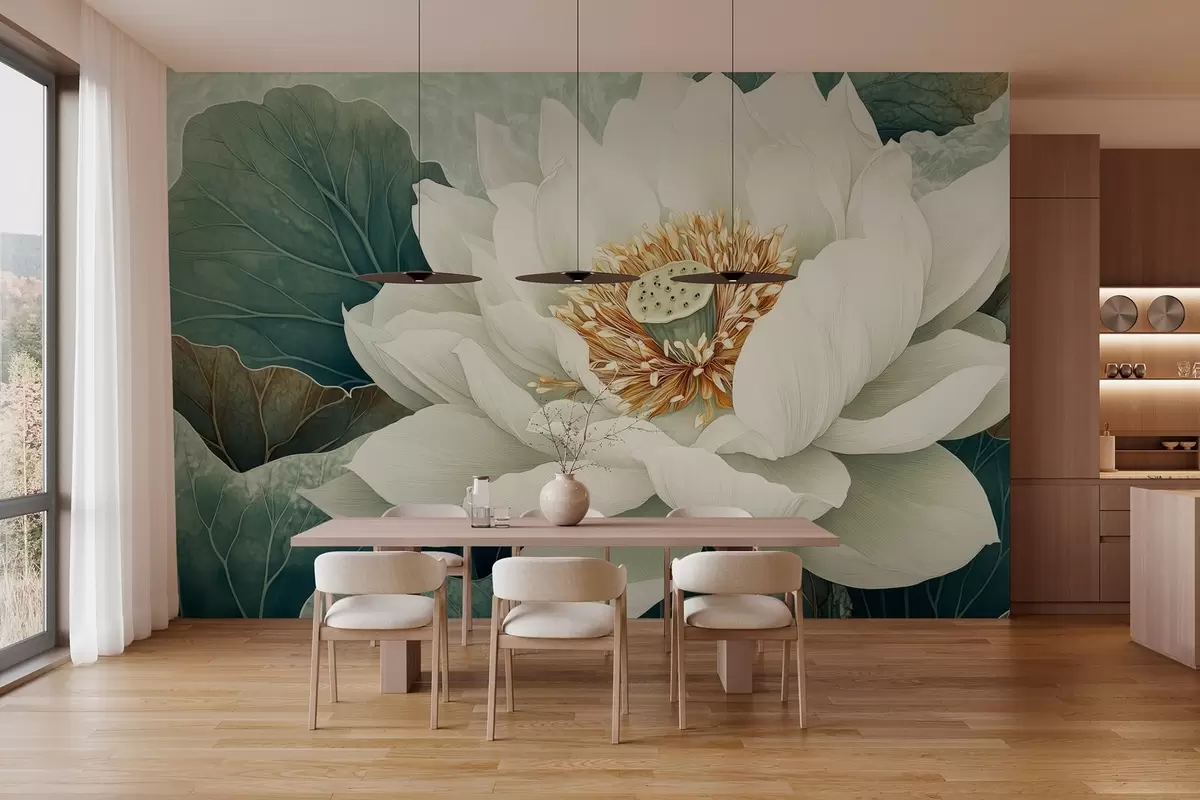 fototapet Nufăr mare pe un fundal de frunze w02905