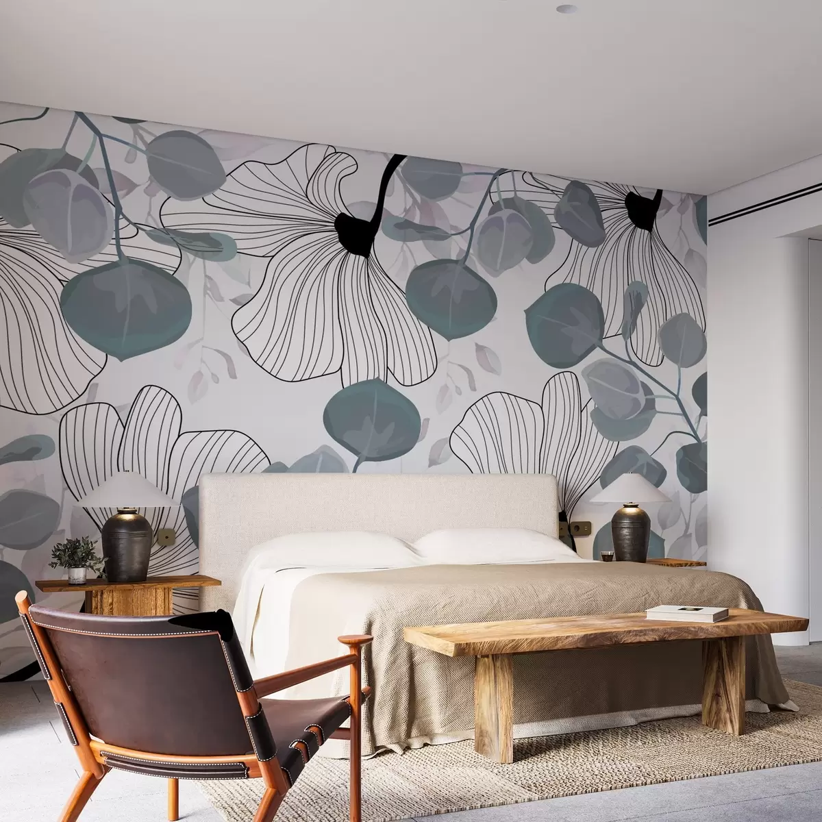 fototapet Aranjament de flori albe și frunze albastre w02955v1