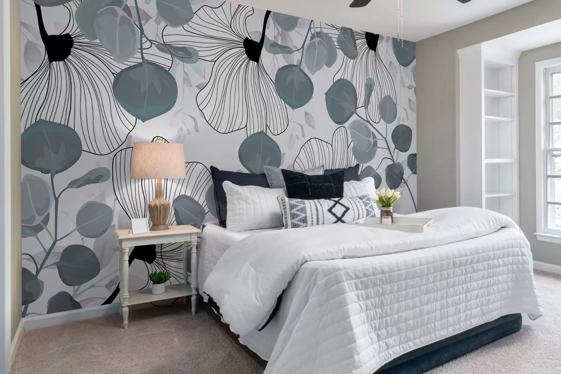 fototapet Aranjament de flori albe și frunze albastre w02955v1