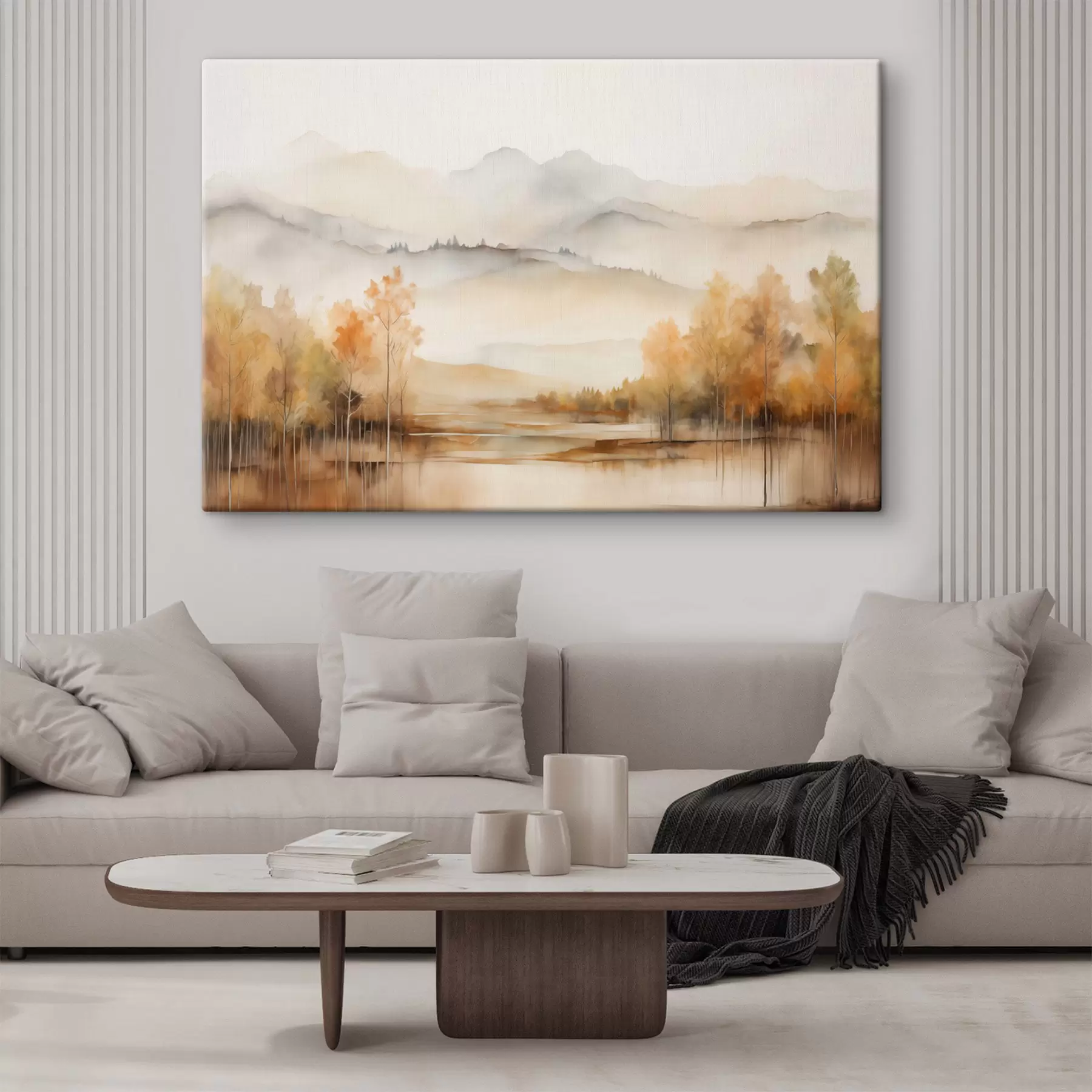 fototapet Peisaj cu munți moi, cu un lac calm care reflectă peisajul și copaci cu frunze portocalii s42716