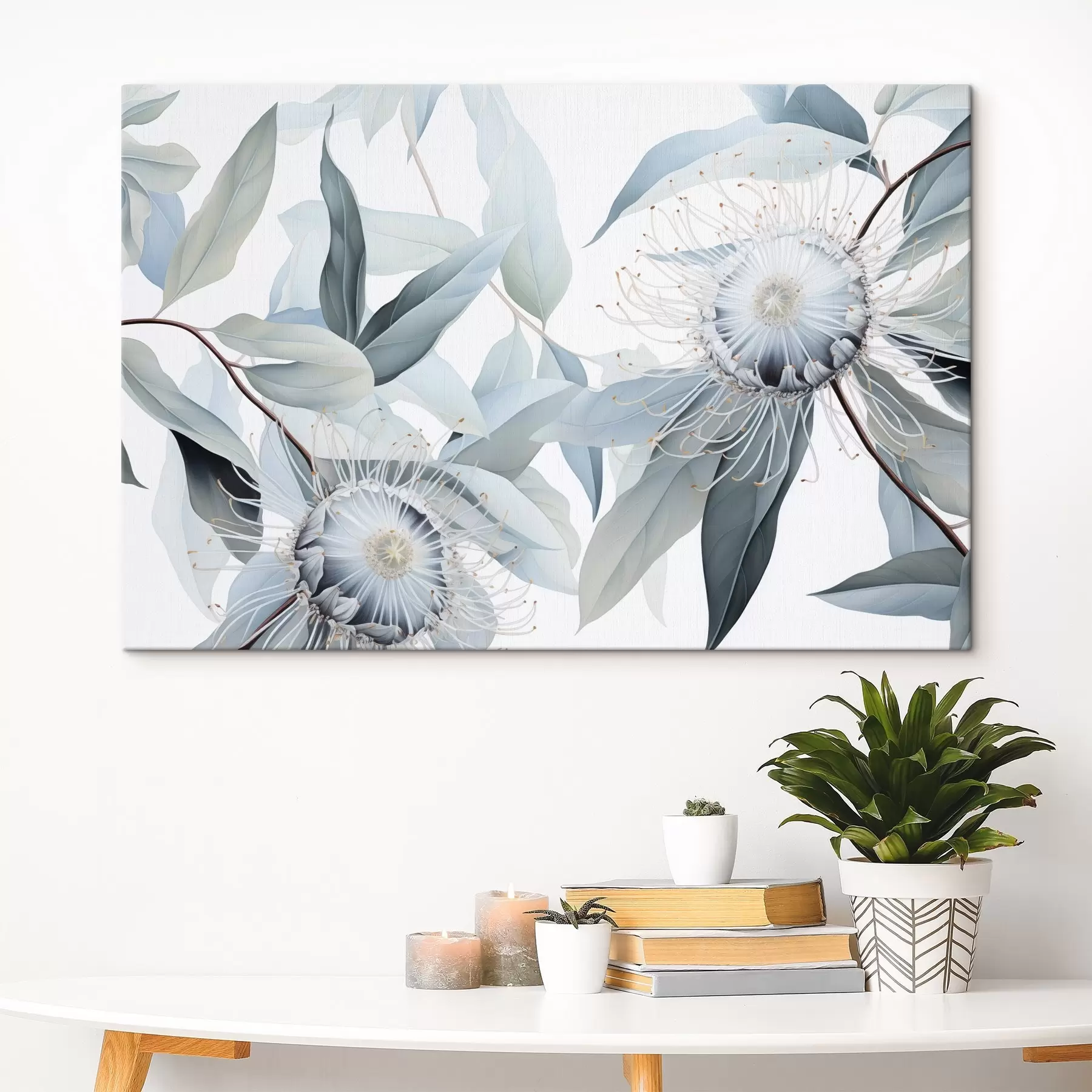 Tablouri Ilustrație botanică detaliată a florilor de eucaliptus cu filamente albe, înconjurate de frunze moi, verde deschis s42725