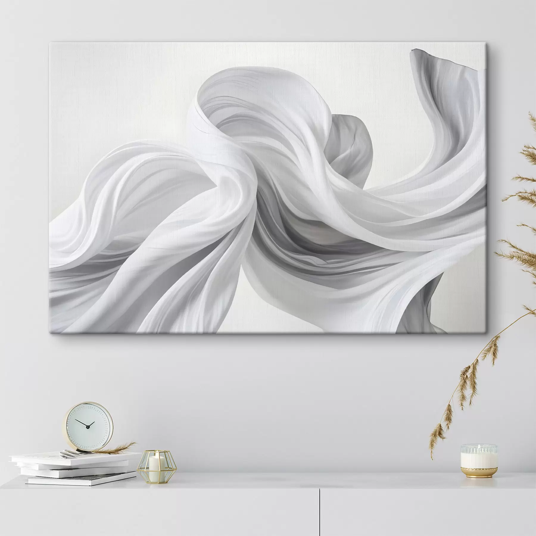 Tablouri Forme curgătoare albe și gri, asemănătoare țesăturilor, care se învârt și se întrepătrund pe un fundal deschis  s42732