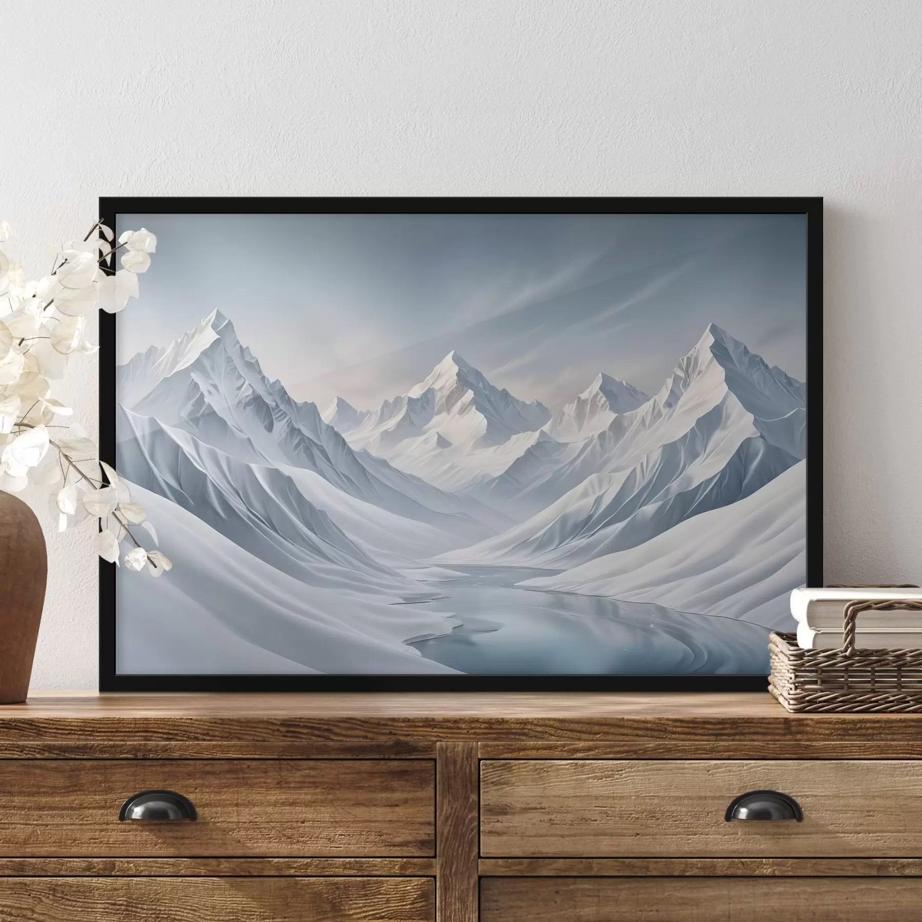 Tablouri Munți acoperiți de zăpadă cu vârfuri ascuțite și un cer cu un gradient moale care trece de la albastru deschis la albastru deschis f42724