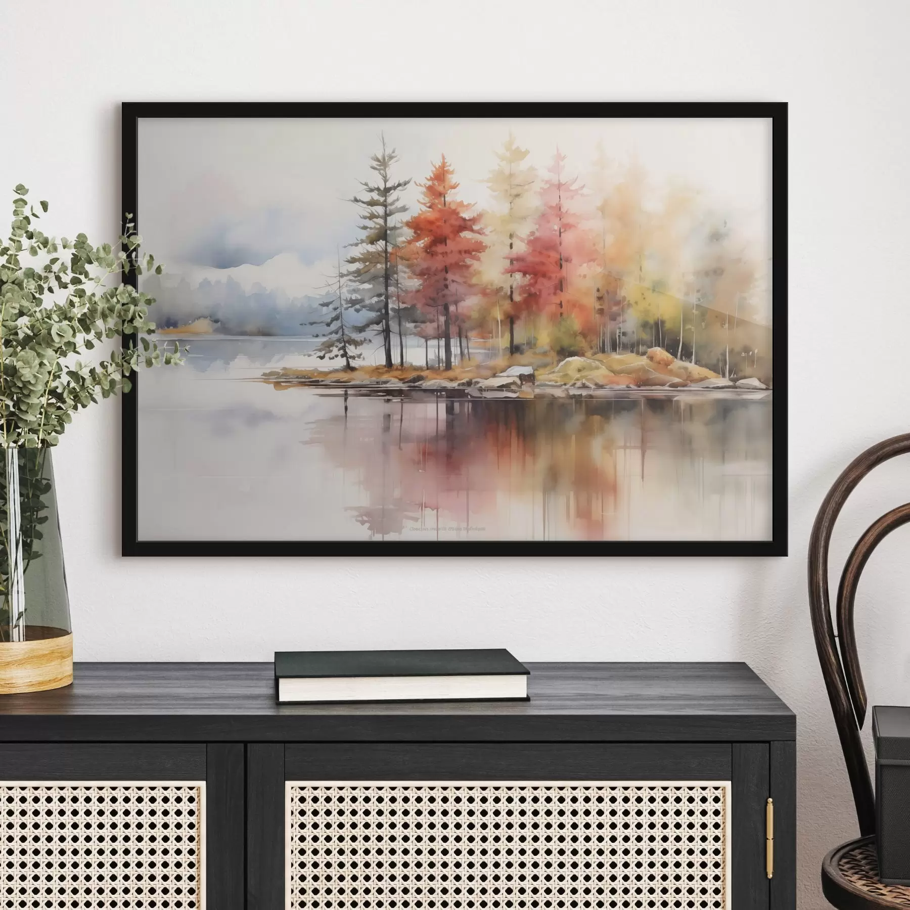 fototapet Peisaj tip acuarelă cu un lac înconjurat de copaci în culori vibrante de toamnă f42727