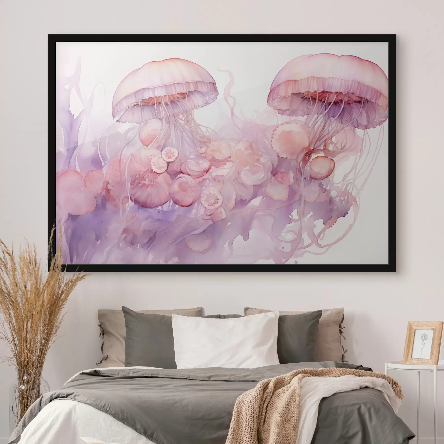 Tablouri Meduză roz plutind în mijlocul unui vârtej de nuanțe roz și violet, înconjurată de forme abstracte f42730