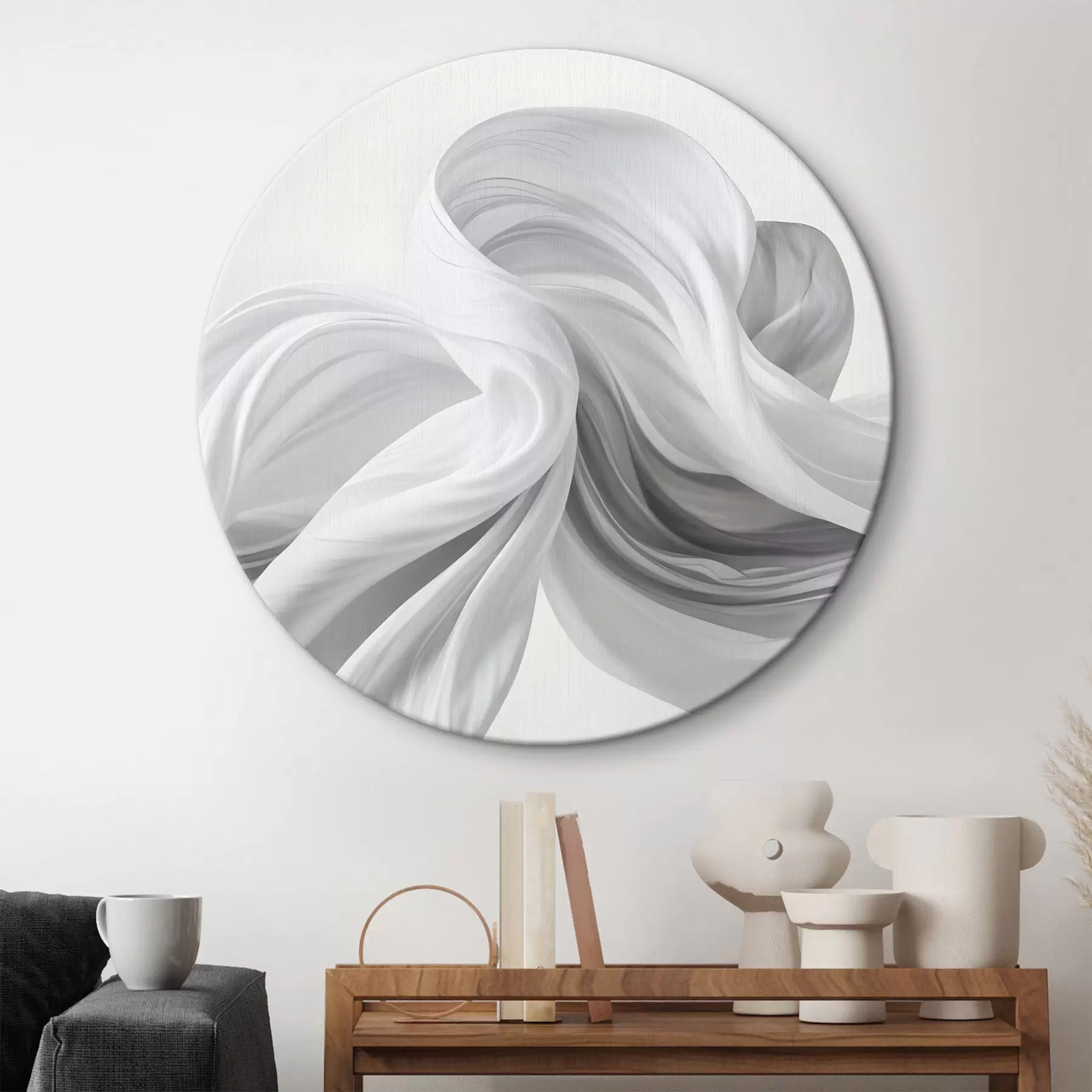 Tablouri Forme curgătoare albe și gri, asemănătoare țesăturilor, care se învârt și se întrepătrund pe un fundal deschis r42732