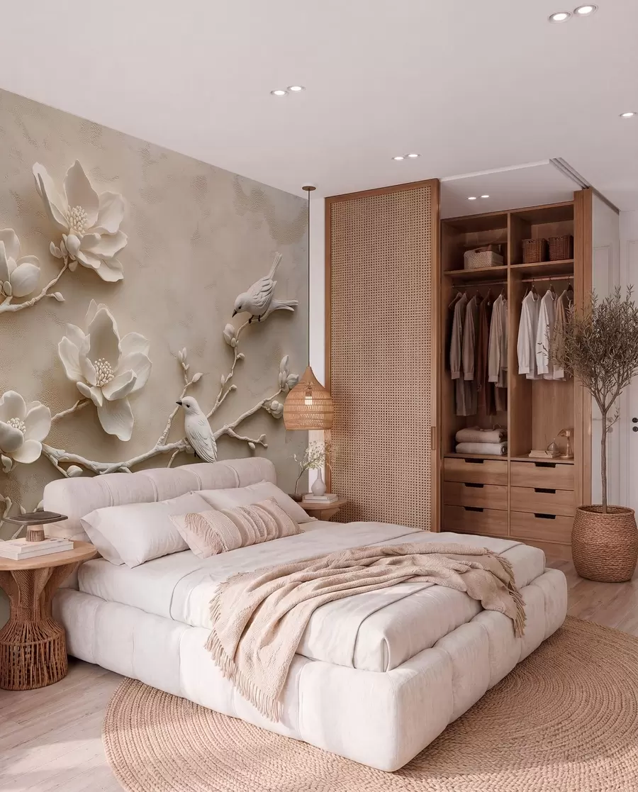 fototapet ramuri de magnolie 3D cu păsări pe ele w08690