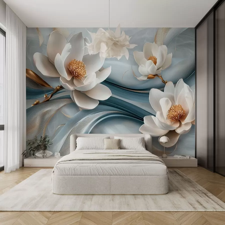 fototapet Flori de magnolie combinate cu tonuri de albastru, alb și galben cu valuri abstracte w08695