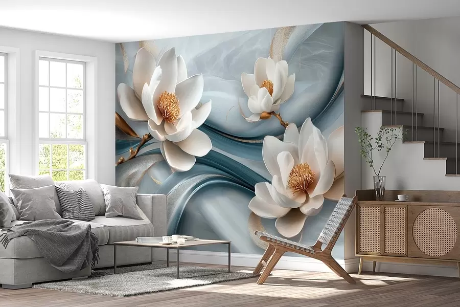 fototapet Flori de magnolie combinate cu tonuri de albastru, alb și galben cu valuri abstracte w08695