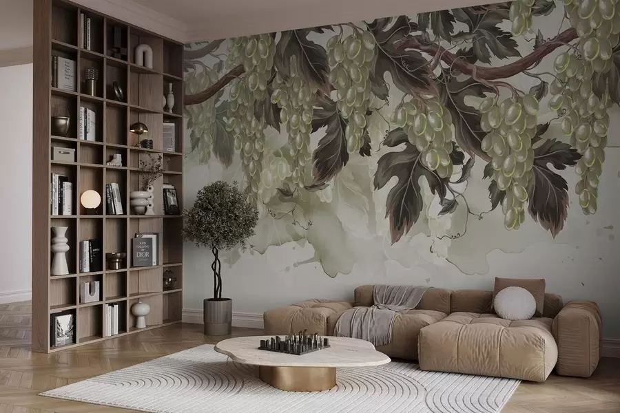 fototapet Struguri agățați de o viță de vie cu frunze verzi, pe un fundal deschis la culoare cu texturi asemănătoare acuarelei w08696