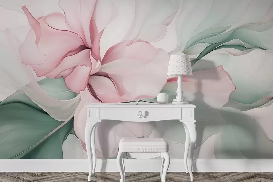 fototapet Flux de petale florale abstracte translucide și forme stratificate în culori pastelate, în nuanțe de roz și verde w08701v1