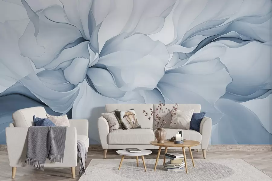fototapet Flux de petale florale abstracte forme translucide și stratificate în culori pastelate, în nuanțe de albastru w08701v2