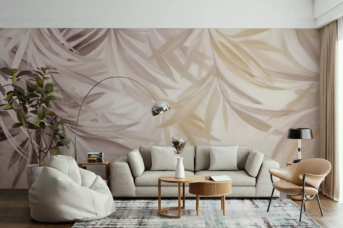 fototapet Frunze tropicale moi, curgătoare, de culoare deschisă, în nuanțe de maro și portocaliu, care se amestecă într-un imprimeu pal, neutru w08703v1