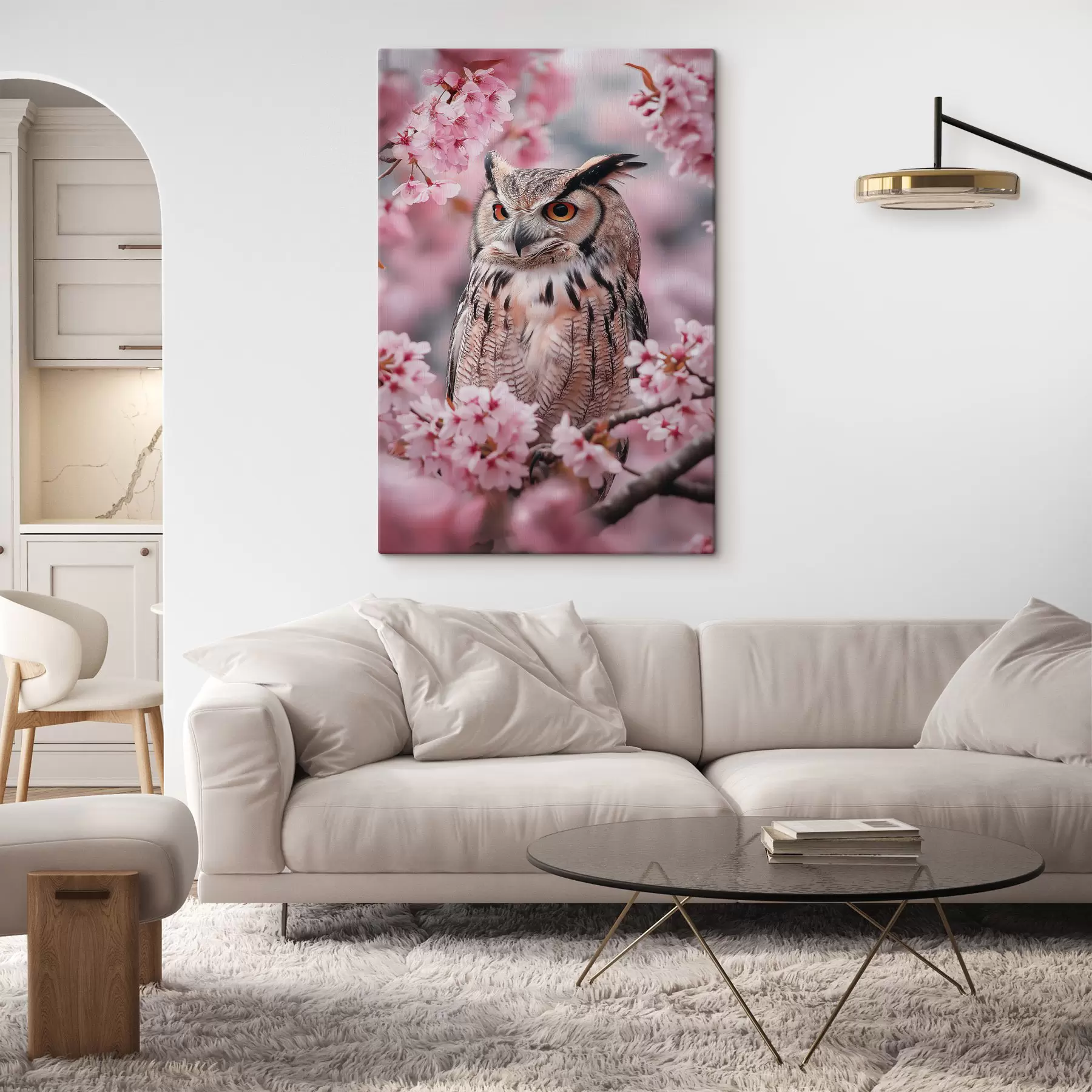 Tablouri Bufniță frumoasă pe ramura unui cireș, natură, realism s42784