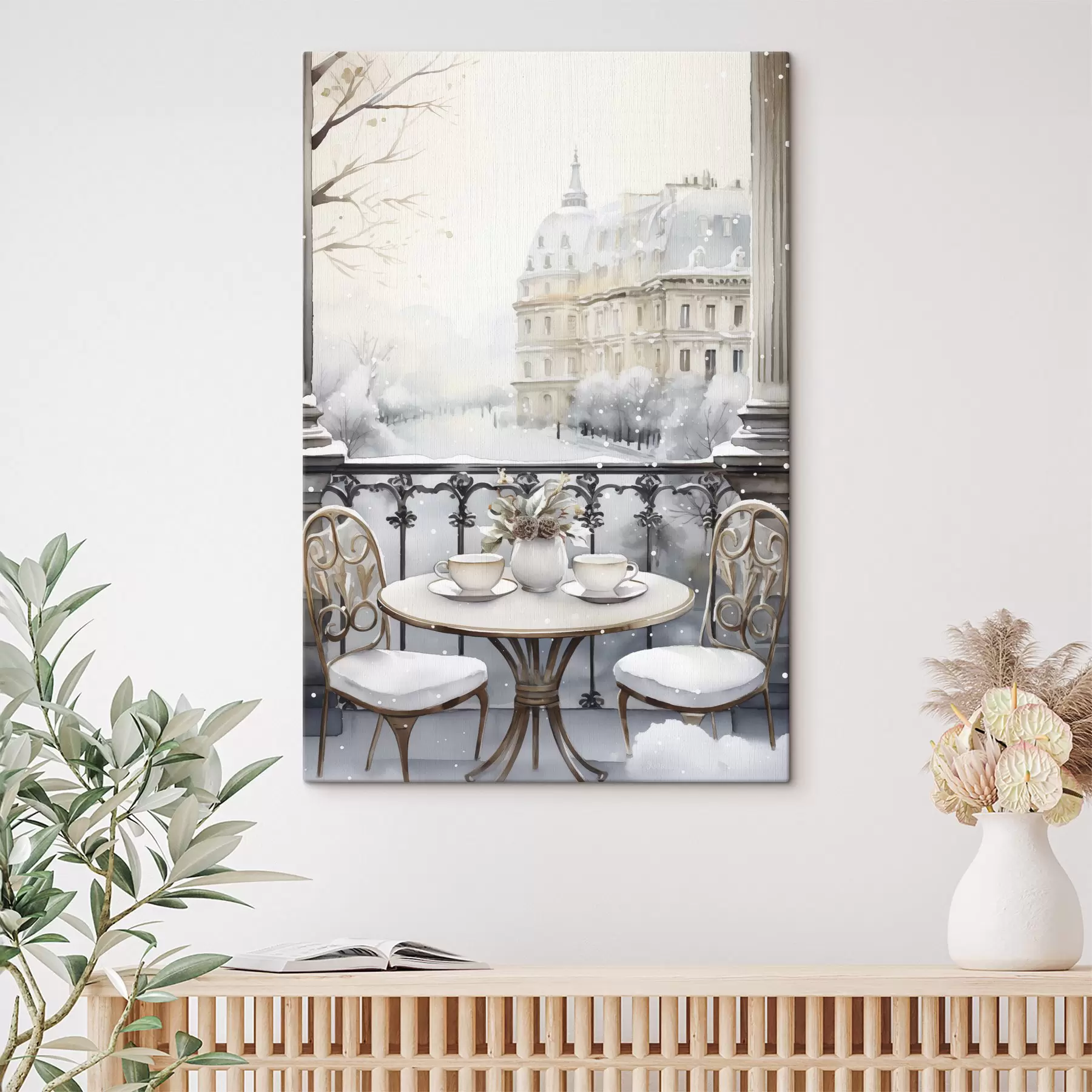 fototapet Cafea frumoasă, cești de ceai, stil boem, acuarelă, estetica iernii  s42796