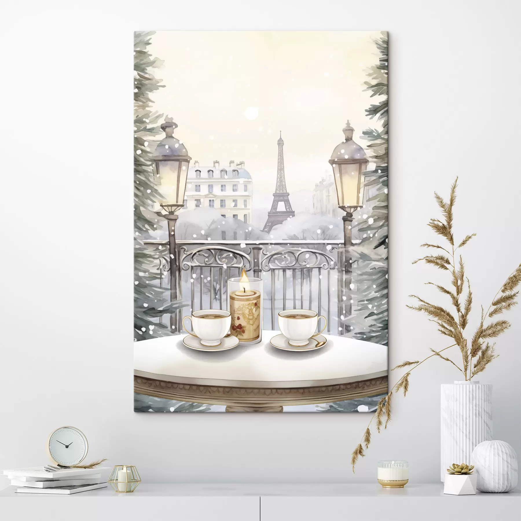 Tablouri Cafea frumoasă în Paris, cești de ceai, vedere romantică, iarnă, stil acuarelă s42799