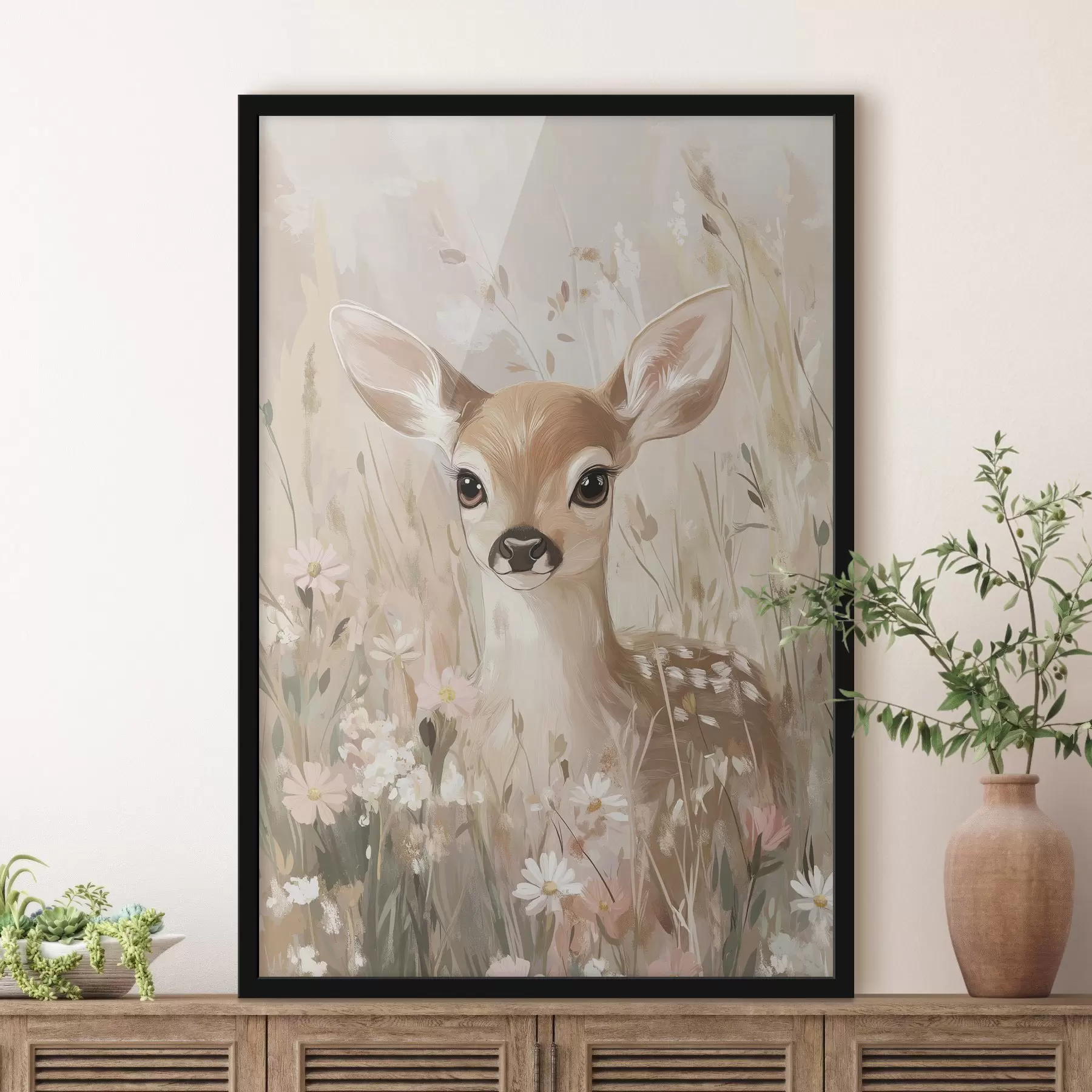 fototapet Cerb mic în pajiștea de vară, desen în stil acrilic, culori roz pastel și bej f42781
