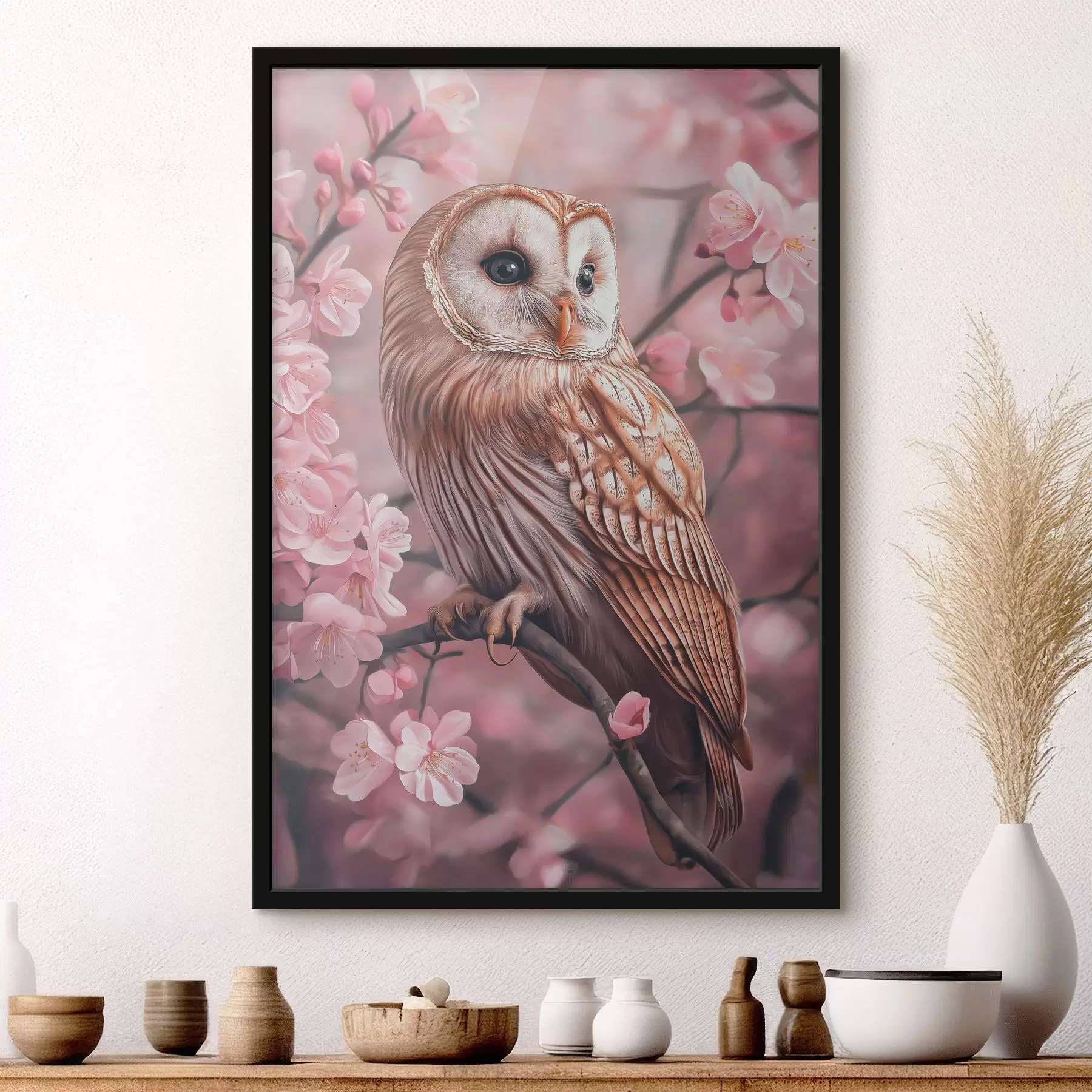 fototapet Bufniță pe cireș, flori roz, realism, natură f42785