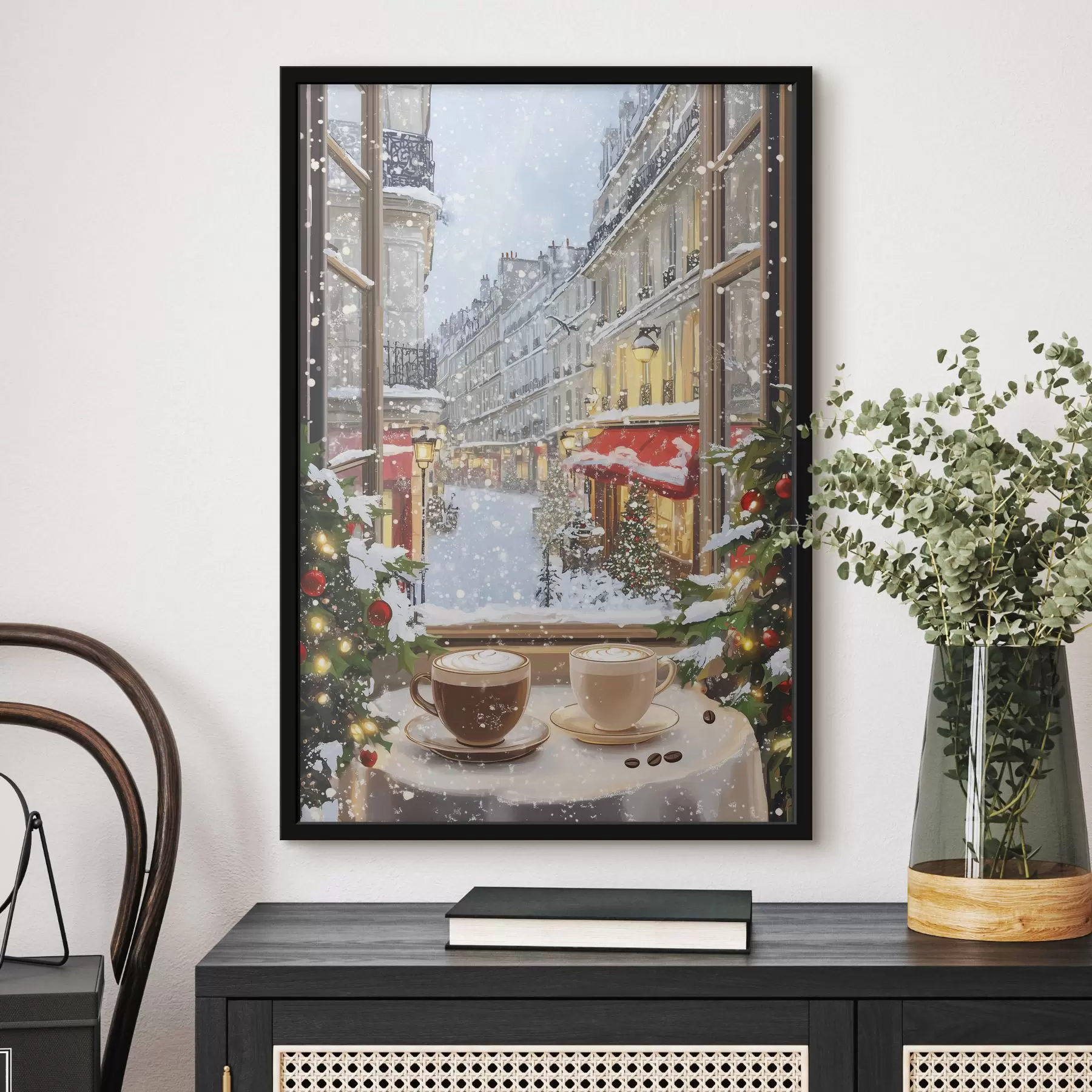 fototapet Cafenea de iarnă confortabilă, cești de cafea, stil acrilic, arhitectura orașului vechi f42795