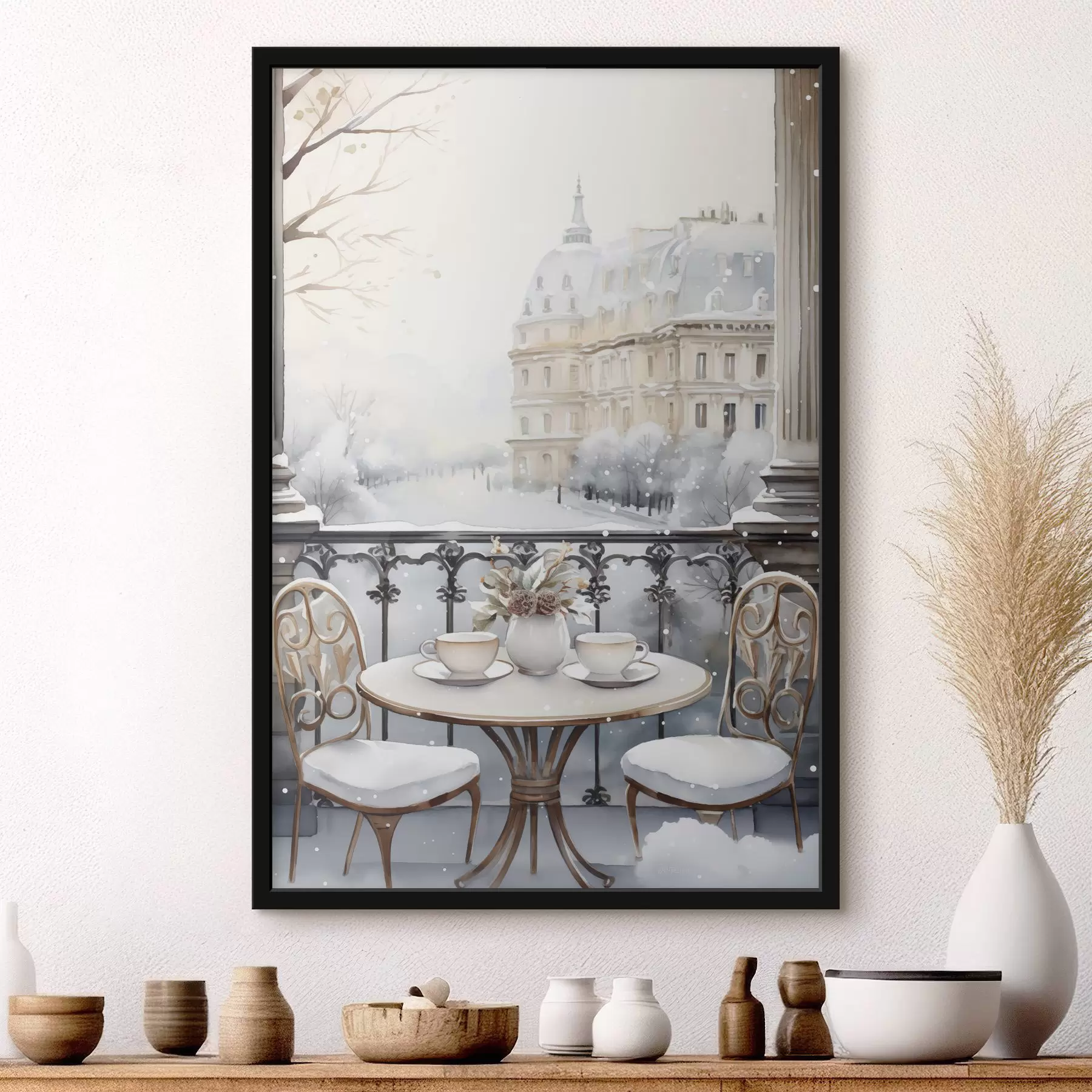 fototapet Cafea frumoasă, cești de ceai, stil boem, acuarelă, estetica iernii f42796