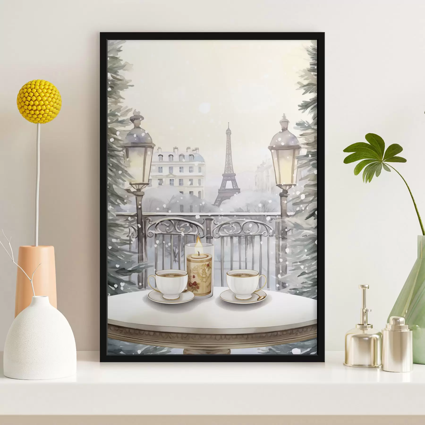 fototapet Cafea frumoasă în Paris, cești de ceai, vedere romantică, iarnă, stil acuarelă f42799