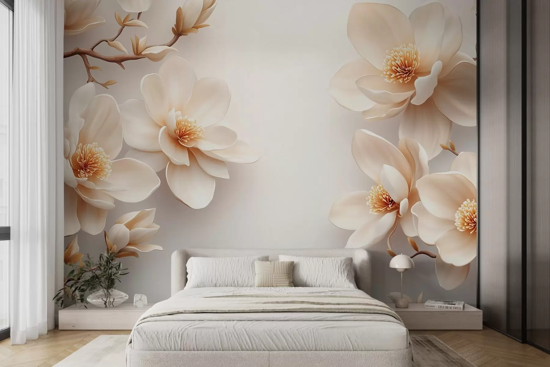 fototapet Frumoase flori de magnolie de culoare crem pe un fundal alb w08704