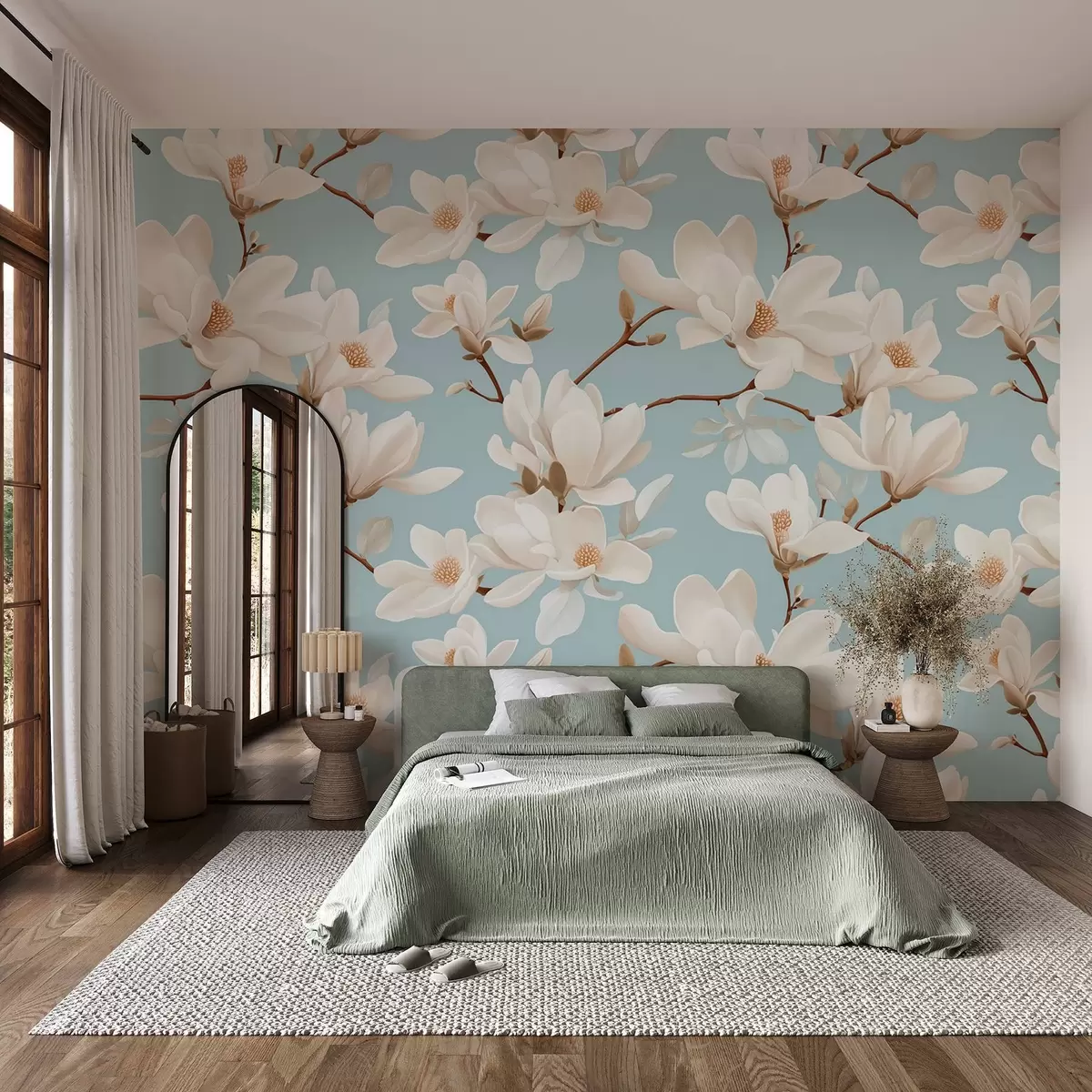 fototapet Model de flori de magnolie albe, fundal albastru pastel, frunze și ramuri albe w08726